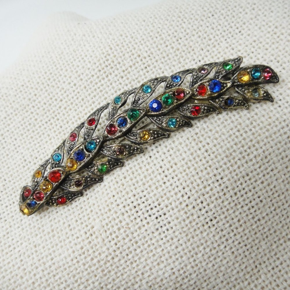 Little Nemo Vintage Brooch Pin Multicolor Rhinestones Leaf Feather